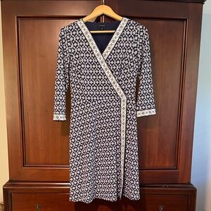 Talbots Navy and White Geometric Long Sleeve Dress